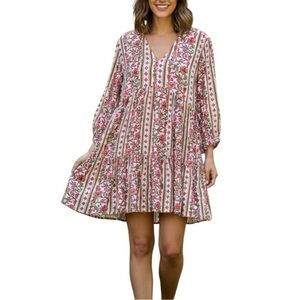 Japna Pink Green Hibiscus Flower Tiered Babydoll Sundress Dress Small